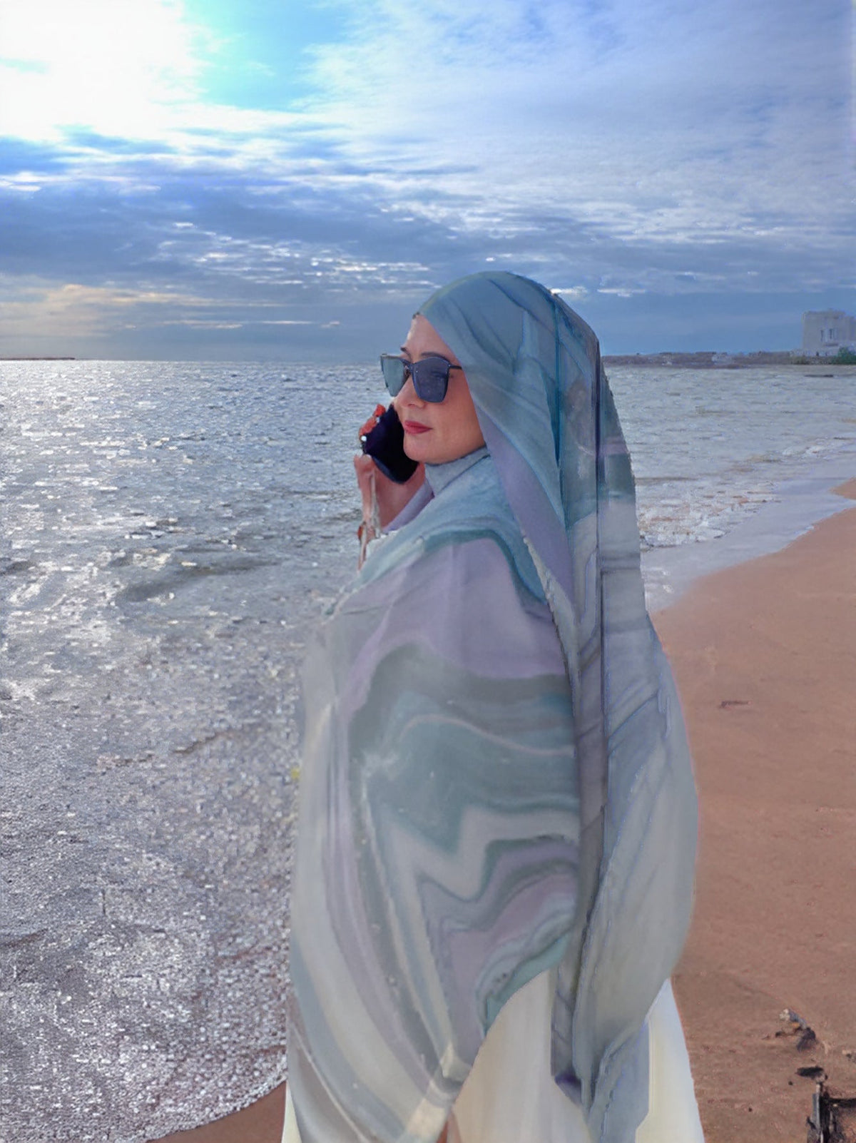 RY142 Ice Blue White Marble Cloud Hijab Shawl – Coastal Watercolor Women's Head Scarf (80×180cm) - Raya