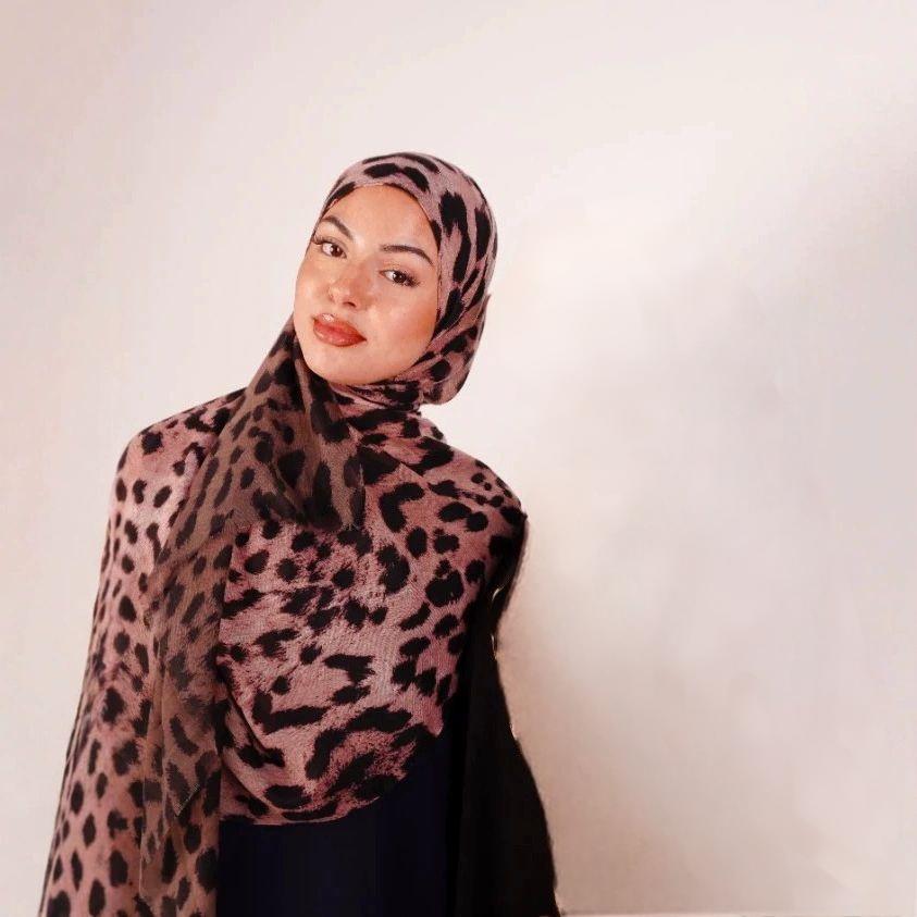 RY144 Rose Brown Black Classic Leopard Print Hijab Shawl – Warm Animal Women's Head Scarf (80×180cm) - Raya