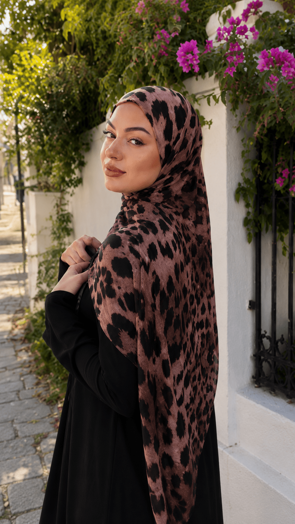 RY144 Rose Brown Black Classic Leopard Print Hijab Shawl – Warm Animal Women's Head Scarf (80×180cm) - Raya