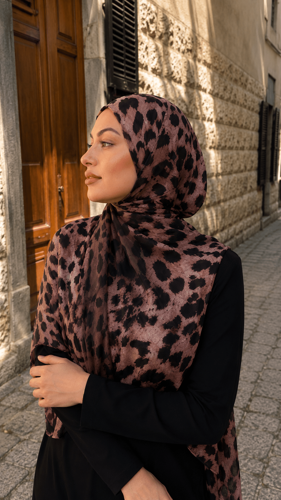 RY144 Rose Brown Black Classic Leopard Print Hijab Shawl – Warm Animal Women's Head Scarf (80×180cm) - Raya