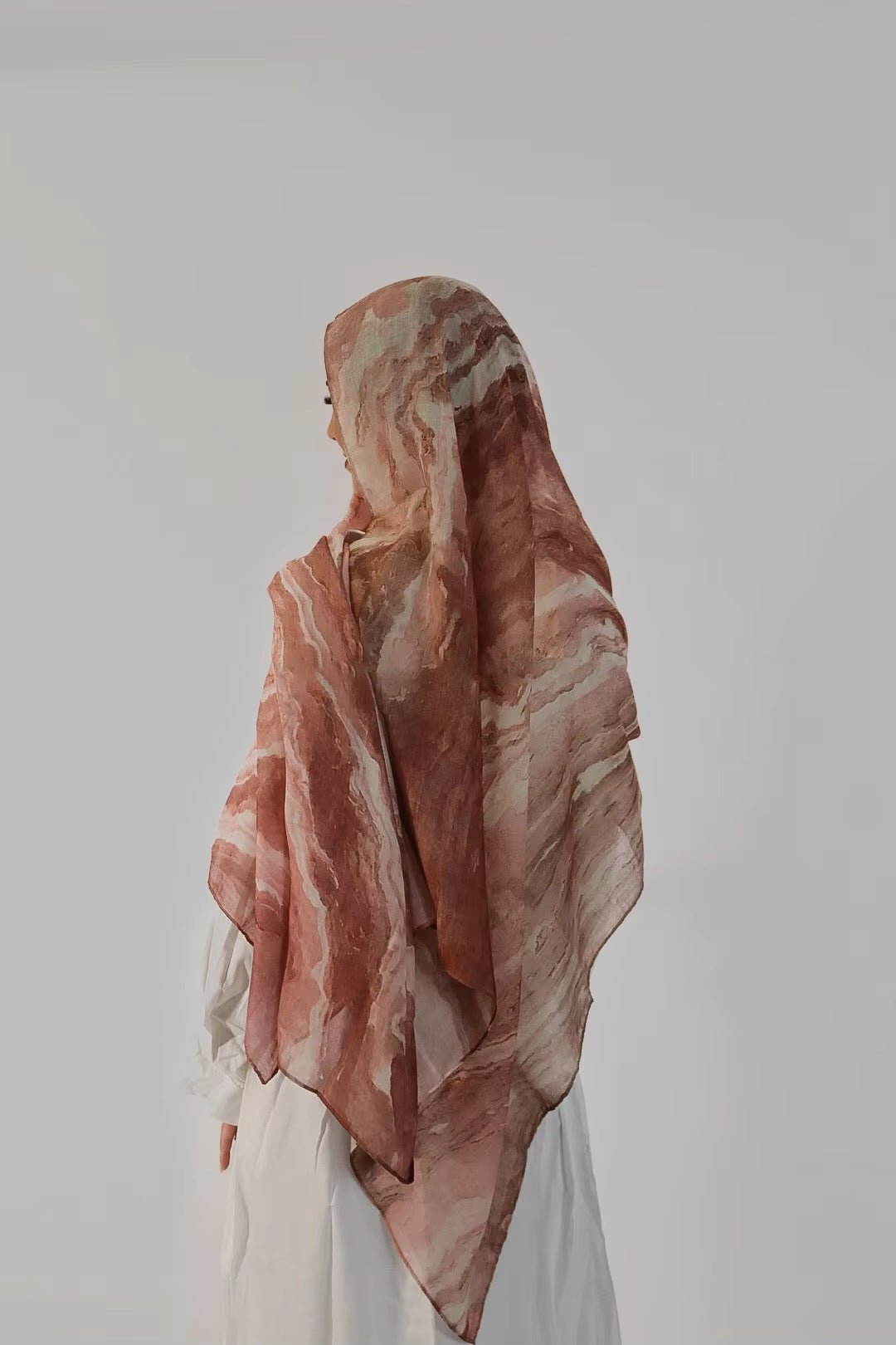 RY17 Terracotta Watercolor Flow Hijab Shawl – Rust Brown & Ivory Women's Head Scarf (80×180cm) - Raya