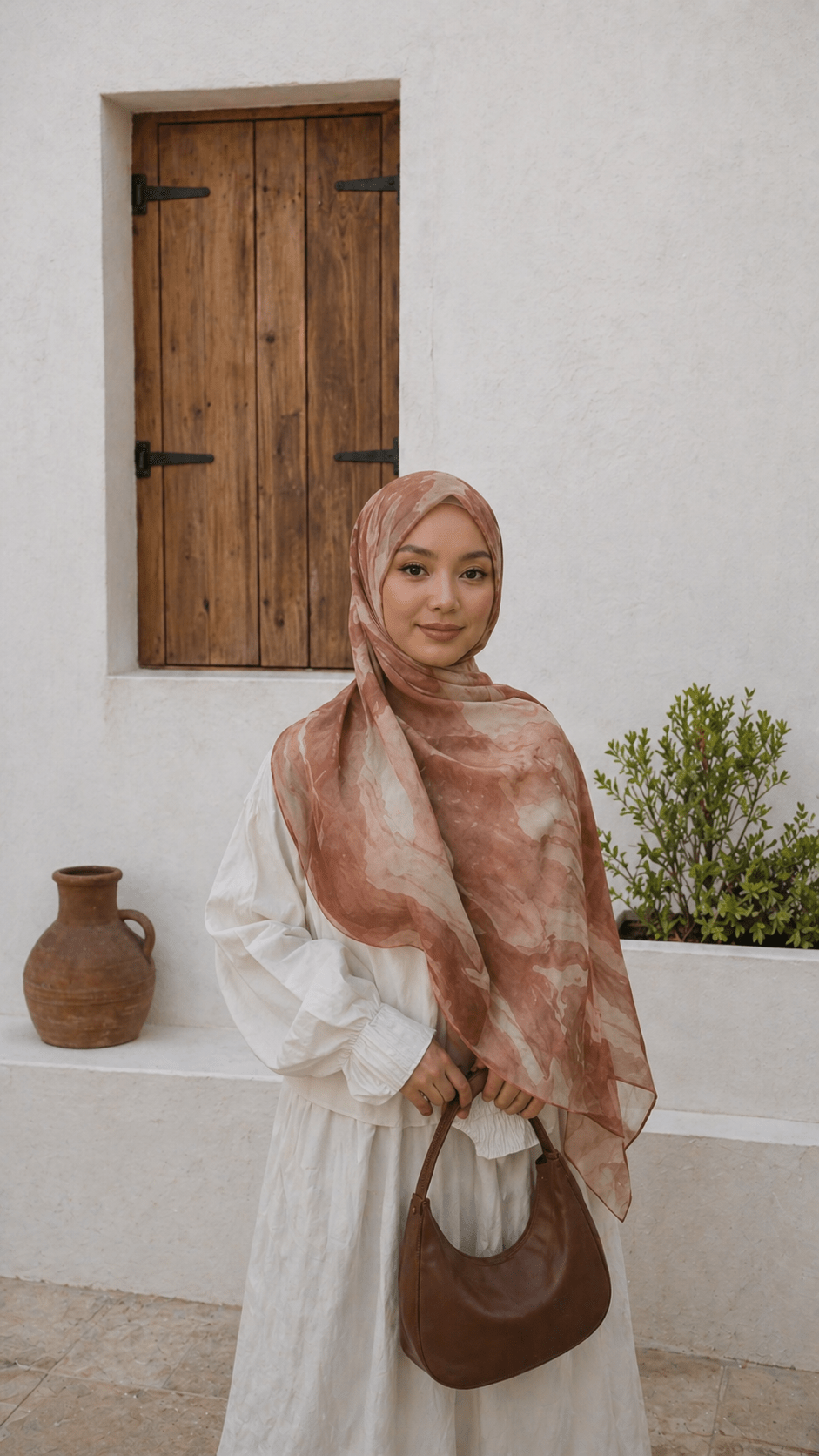 RY17 Terracotta Watercolor Flow Hijab Shawl – Rust Brown & Ivory Women's Head Scarf (80×180cm) - Raya