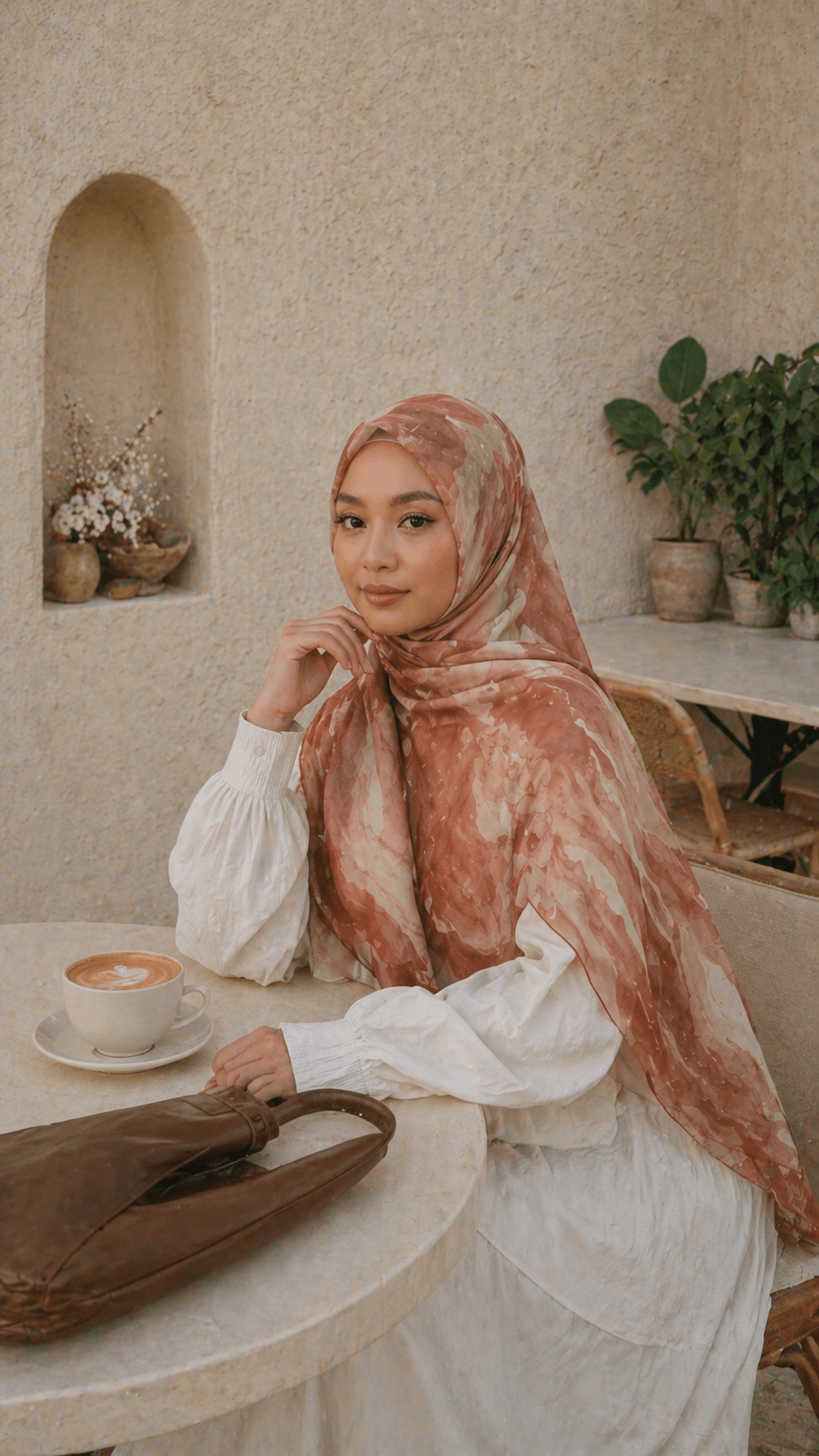 RY17 Terracotta Watercolor Flow Hijab Shawl – Rust Brown & Ivory Women's Head Scarf (80×180cm) - Raya
