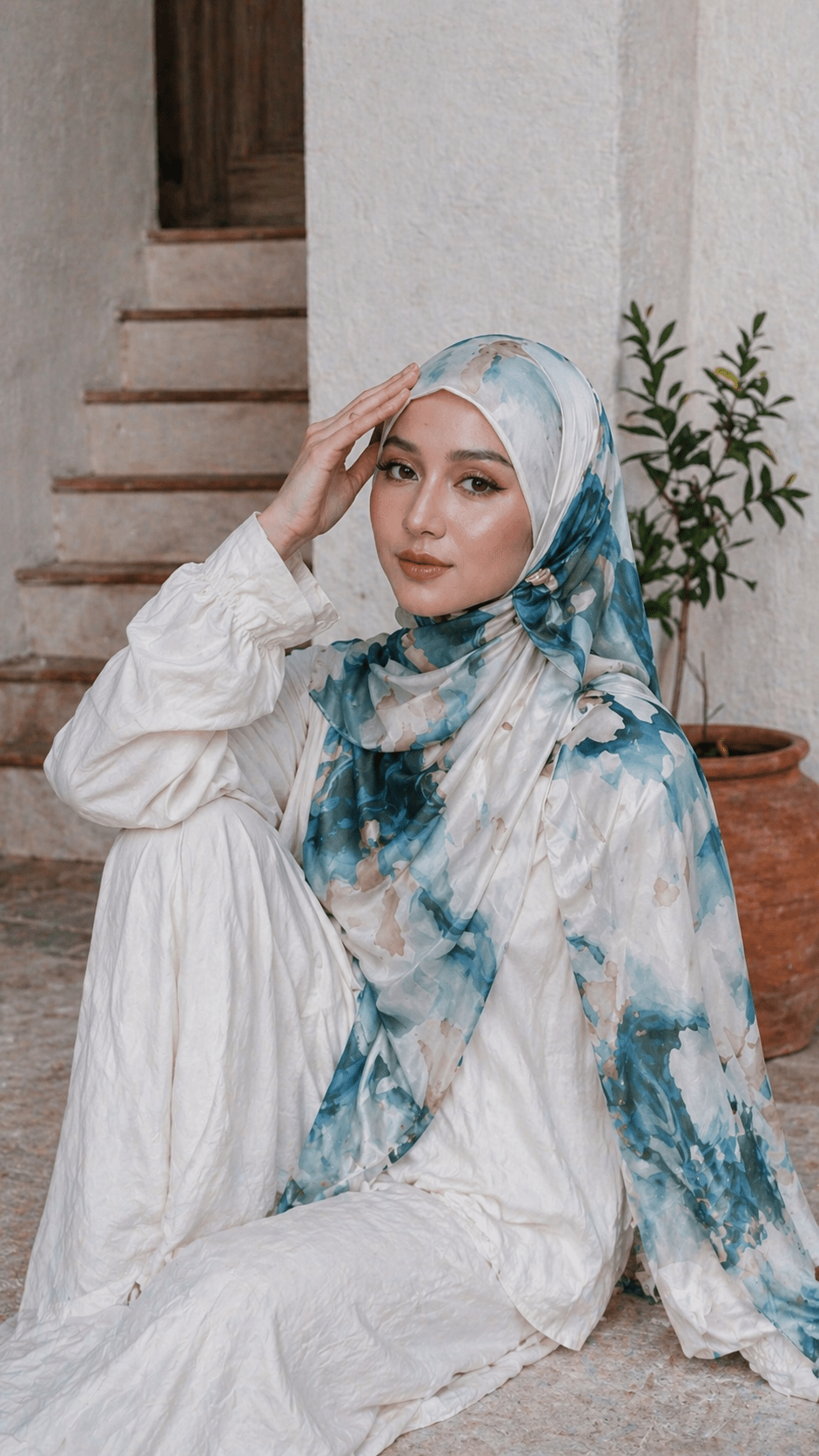 RY18 Teal Blue Marble Cloud Hijab Shawl – Ocean Watercolor Women's Head Scarf (80×180cm) - Raya