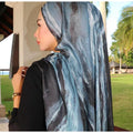 RY20 Stormy Blue Grey Marble Flow Hijab Shawl – Steel & Charcoal Watercolor Women's Head Scarf (80×180cm) - Raya