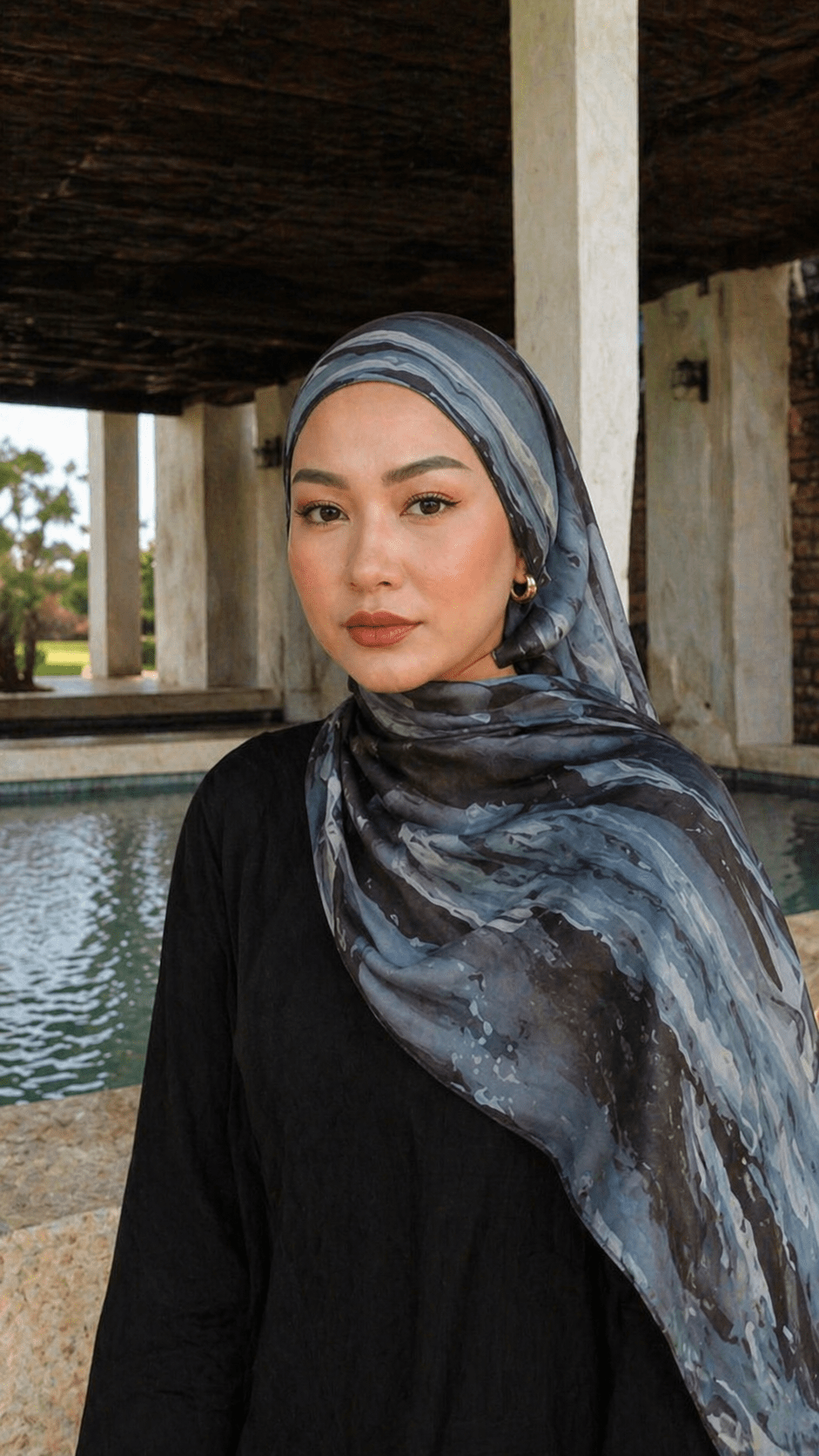 RY20 Stormy Blue Grey Marble Flow Hijab Shawl – Steel & Charcoal Watercolor Women's Head Scarf (80×180cm) - Raya