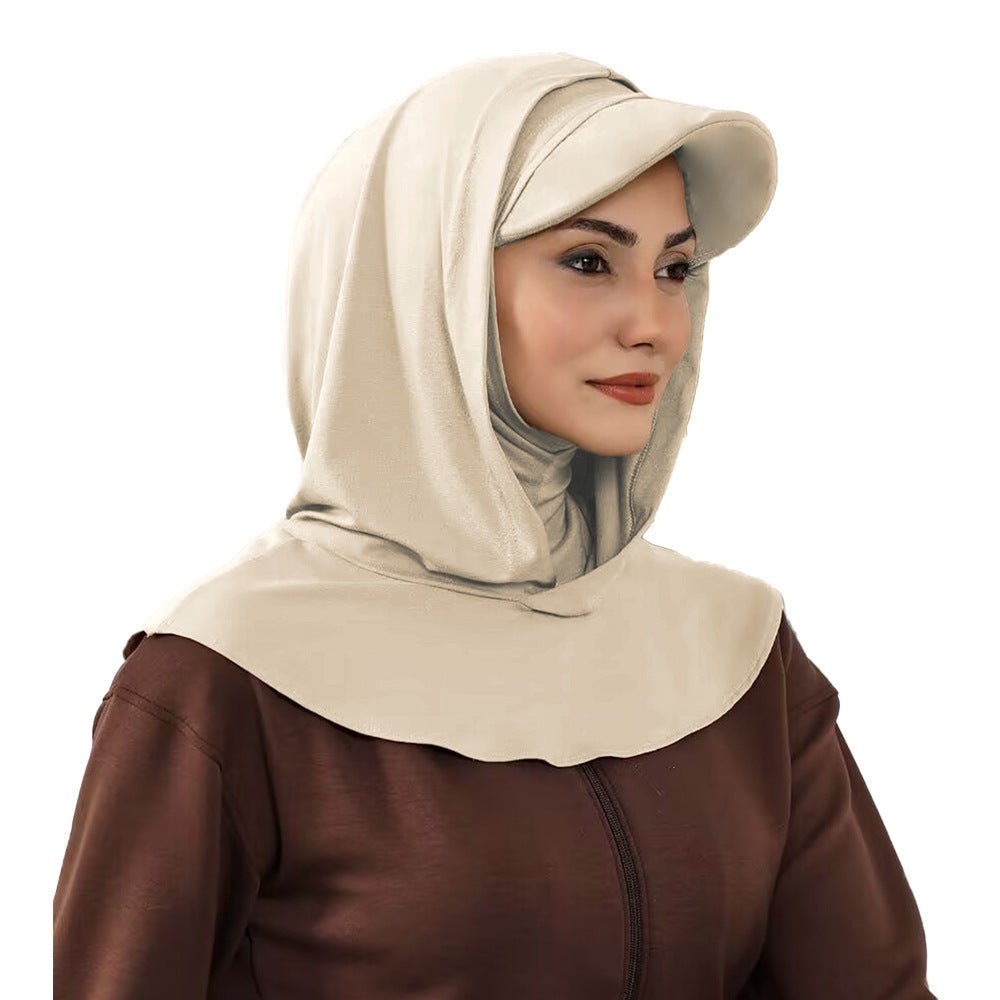 RY206 Modest Full Coverage Hijab Cap with Visor – Beige Neck Cover Headscarf for Muslim Women - Raya