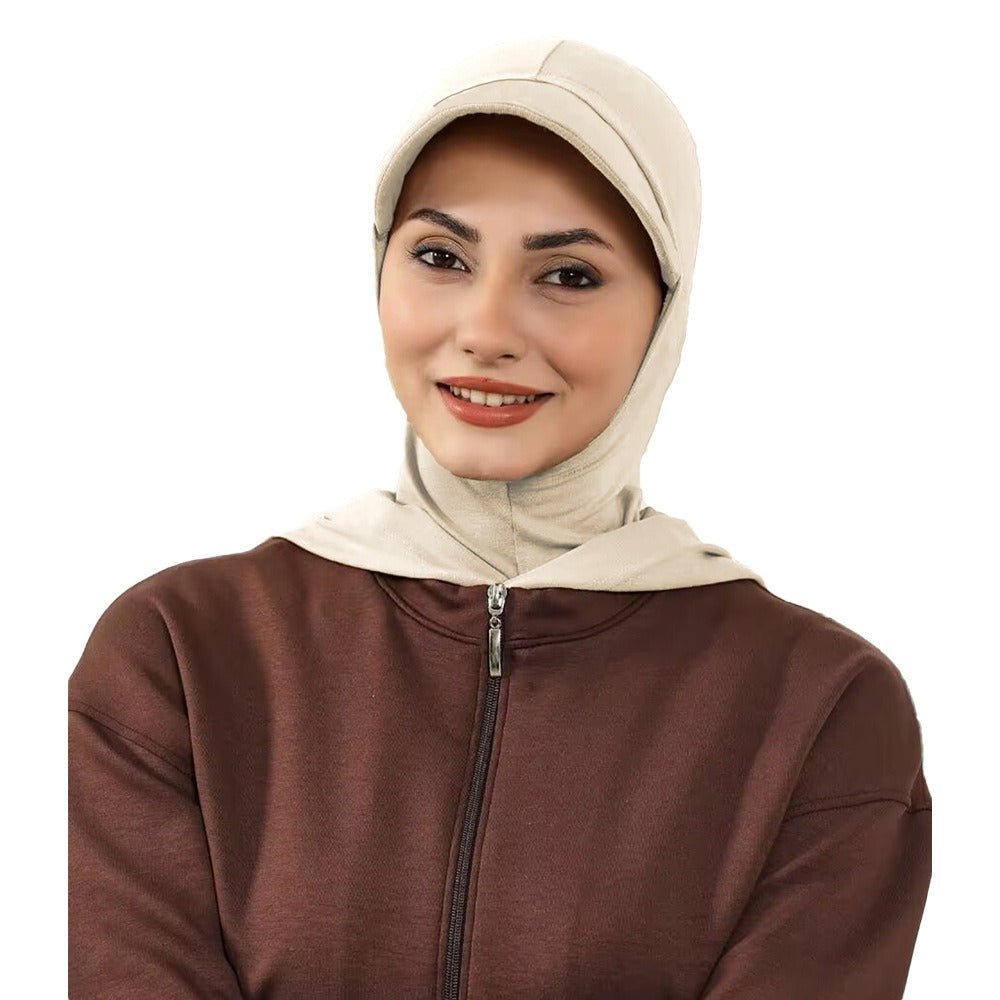 RY206 Modest Full Coverage Hijab Cap with Visor – Beige Neck Cover Headscarf for Muslim Women - Raya