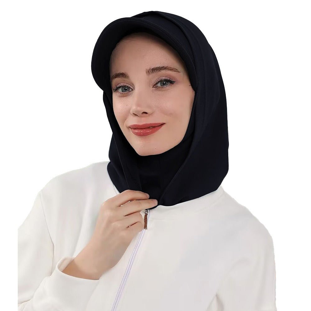 RY207 Black Full Coverage Hijab Cap with Visor – Modest Neck Cover Headscarf for Muslim Women - Raya