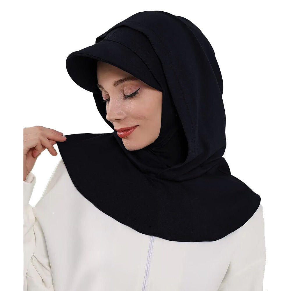 RY207 Black Full Coverage Hijab Cap with Visor – Modest Neck Cover Headscarf for Muslim Women - Raya