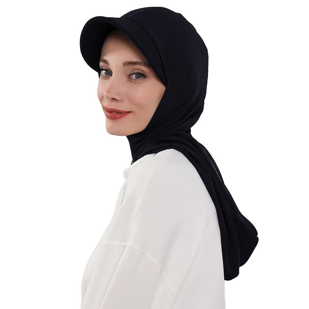 RY207 Black Full Coverage Hijab Cap with Visor – Modest Neck Cover Headscarf for Muslim Women - Raya