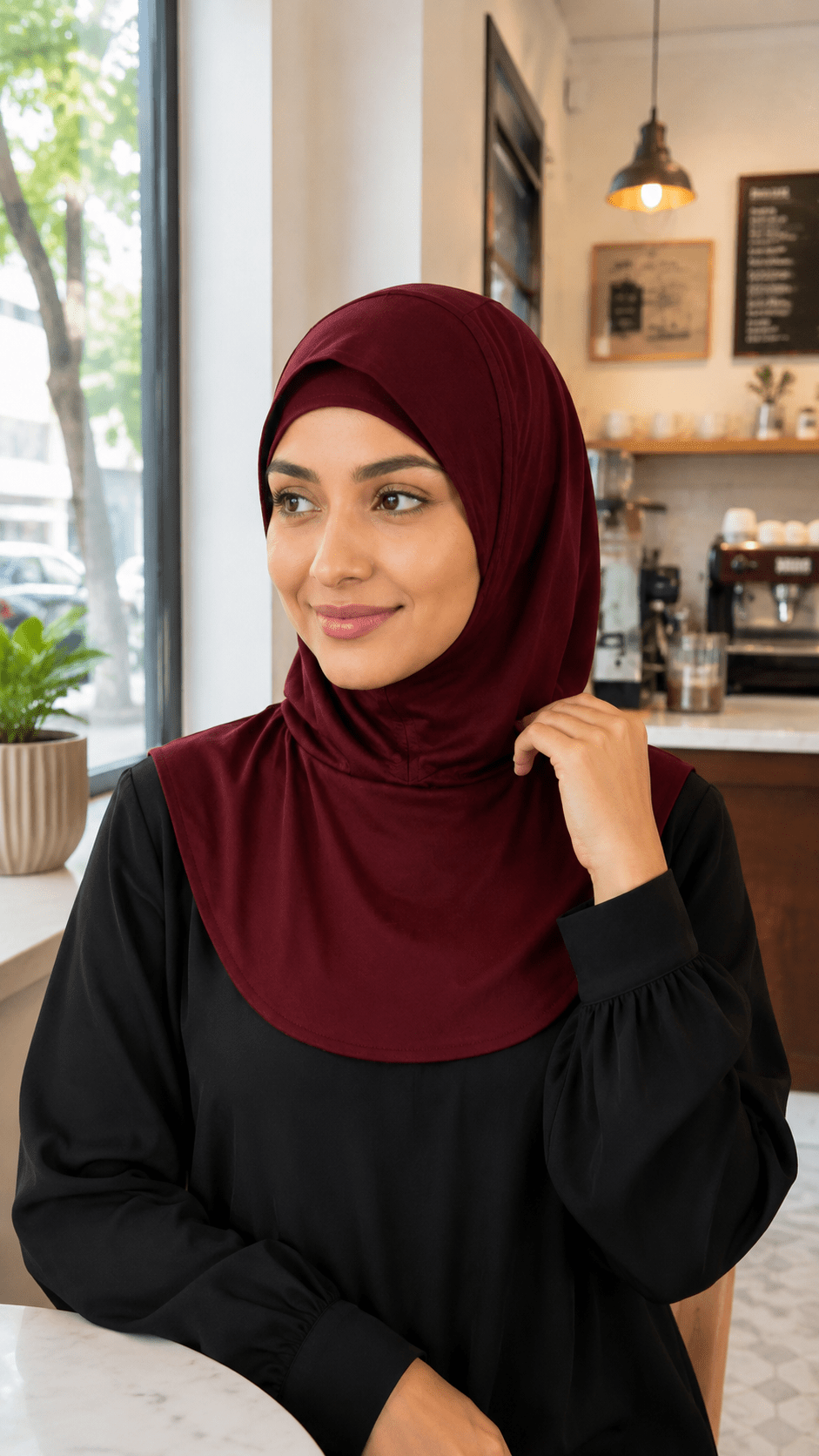 RY210 Burgundy Mercerized Cotton Full Coverage Hijab Cap – Sun Protection Headscarf - Raya