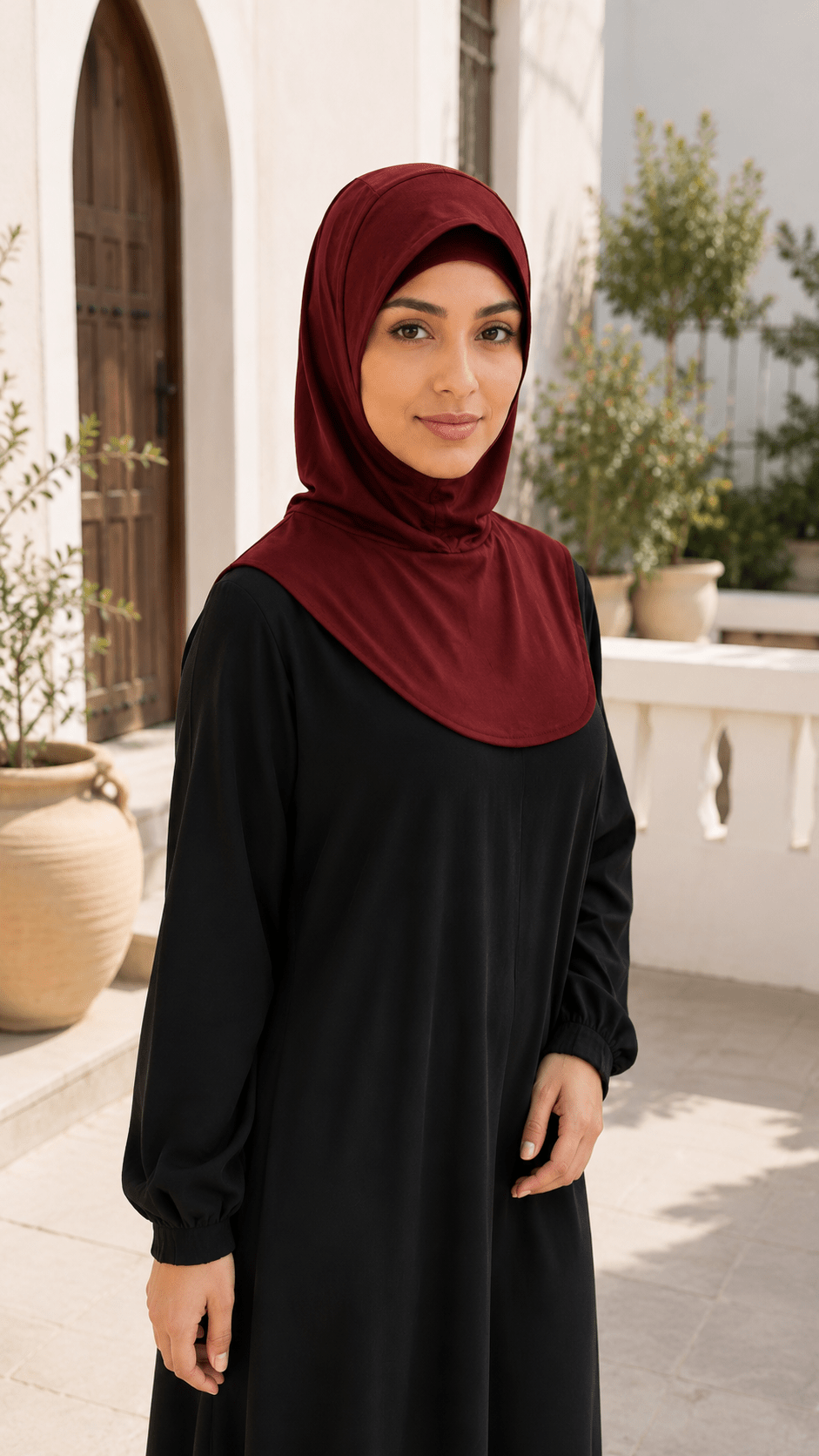RY210 Burgundy Mercerized Cotton Full Coverage Hijab Cap – Sun Protection Headscarf - Raya