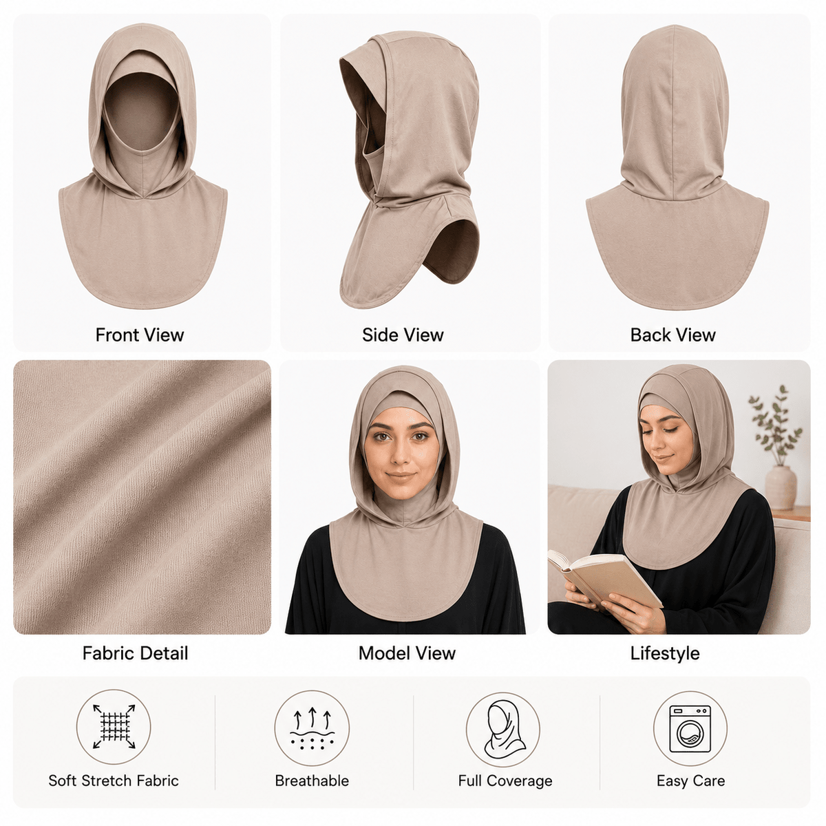 RY213 Cocoa Mercerized Cotton Full Coverage Hijab Cap – Sun Protection Headscarf - Raya