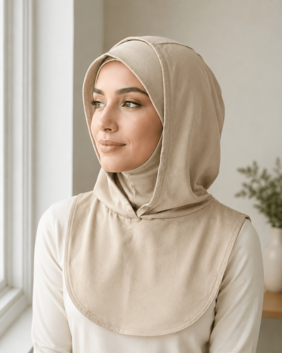 RY215 Beige Mercerized Cotton Full Coverage Hijab Cap – Modest Sun Protection Headscarf for Muslim Women - Raya