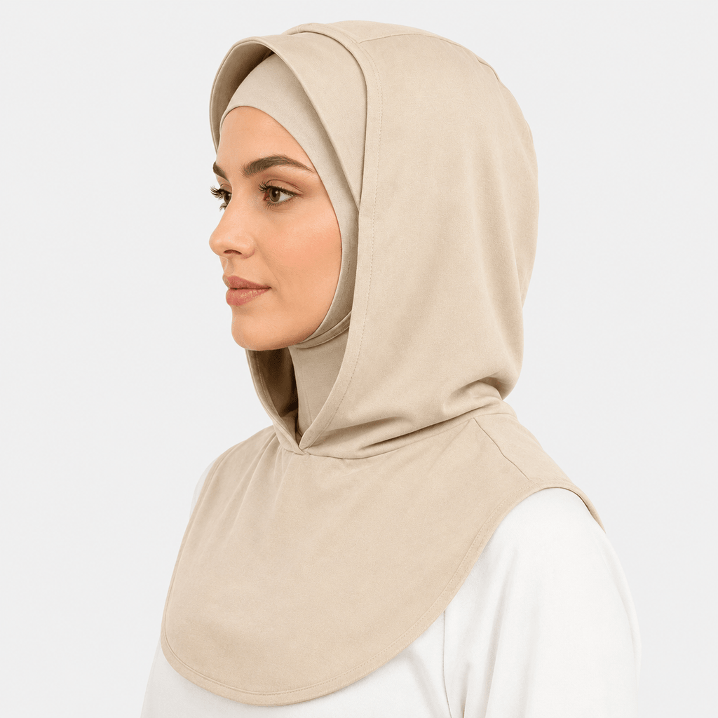 RY215 Beige Mercerized Cotton Full Coverage Hijab Cap – Modest Sun Protection Headscarf for Muslim Women - Raya