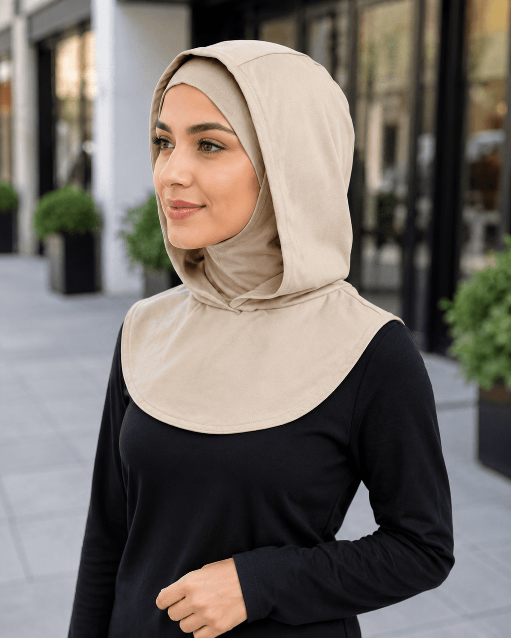 RY215 Beige Mercerized Cotton Full Coverage Hijab Cap – Modest Sun Protection Headscarf for Muslim Women - Raya