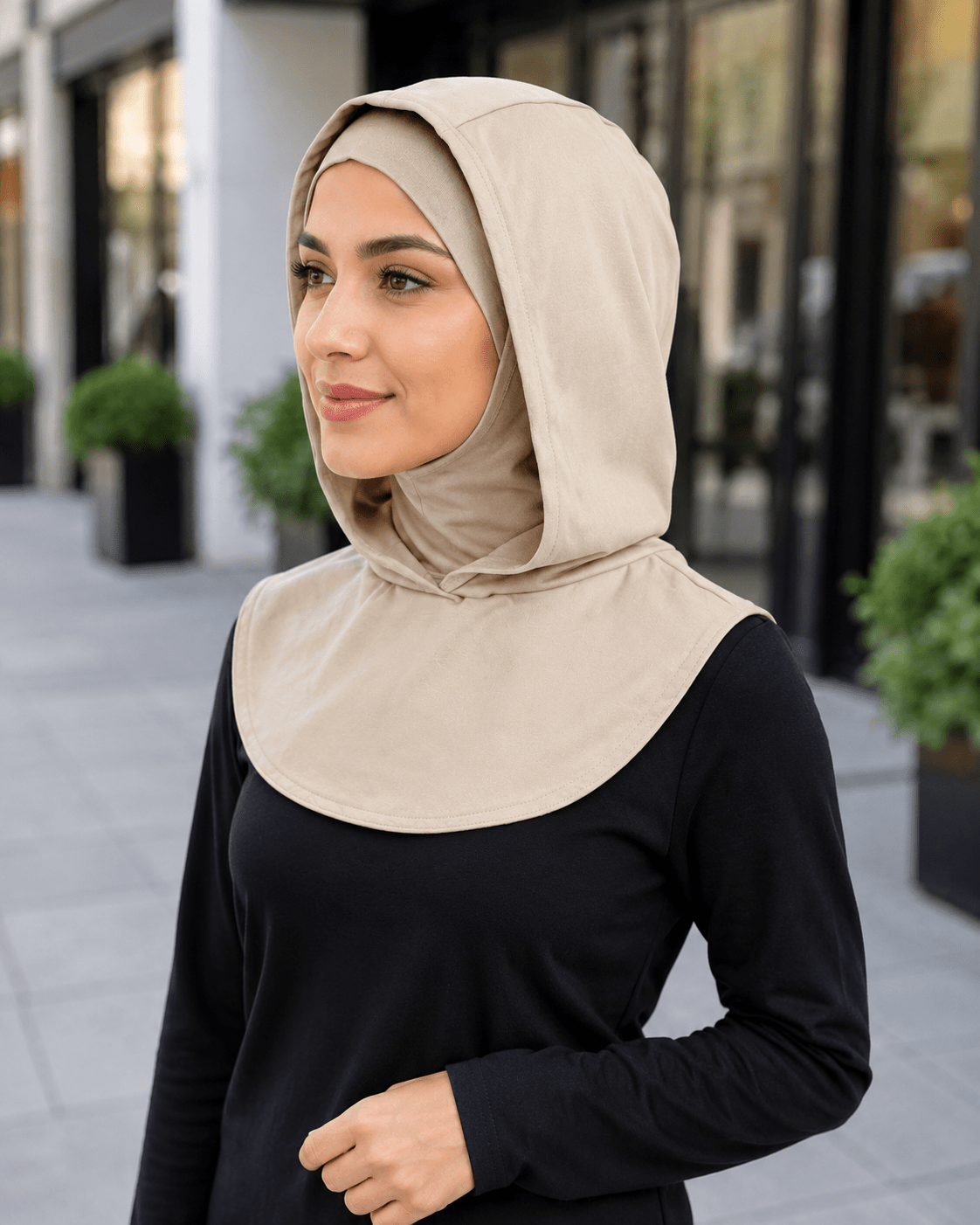 RY215 Beige Mercerized Cotton Full Coverage Hijab Cap – Modest Sun Protection Headscarf for Muslim Women - Raya
