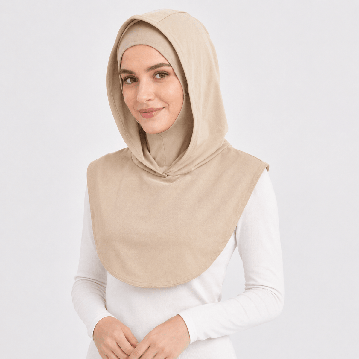 RY215 Beige Mercerized Cotton Full Coverage Hijab Cap – Modest Sun Protection Headscarf for Muslim Women - Raya