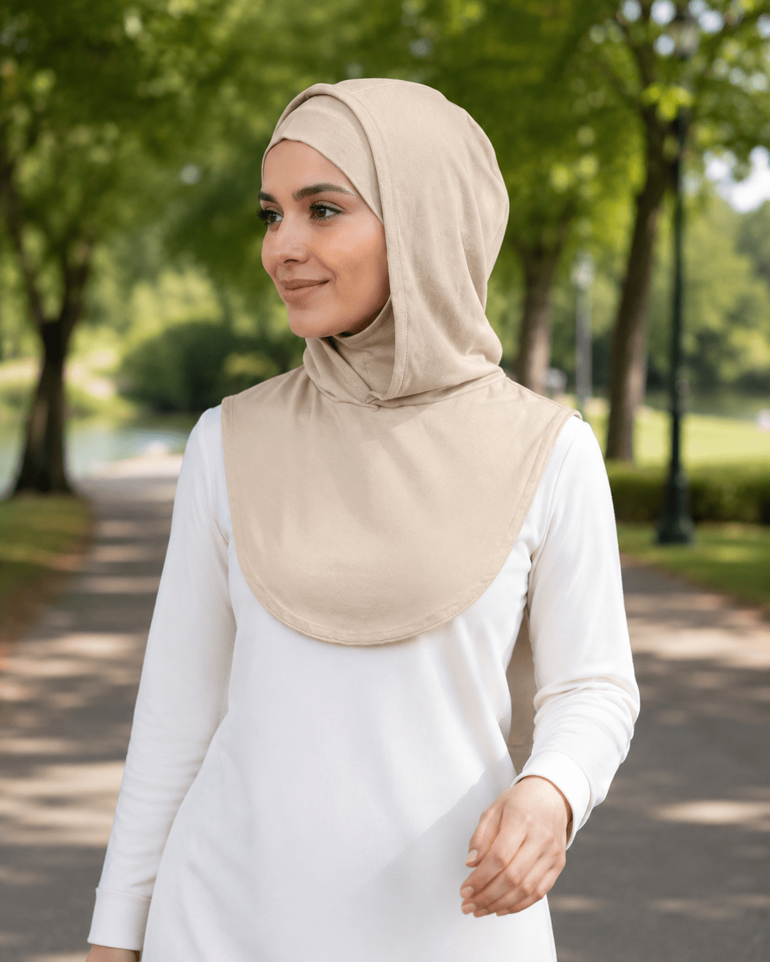 RY215 Beige Mercerized Cotton Full Coverage Hijab Cap – Modest Sun Protection Headscarf for Muslim Women - Raya