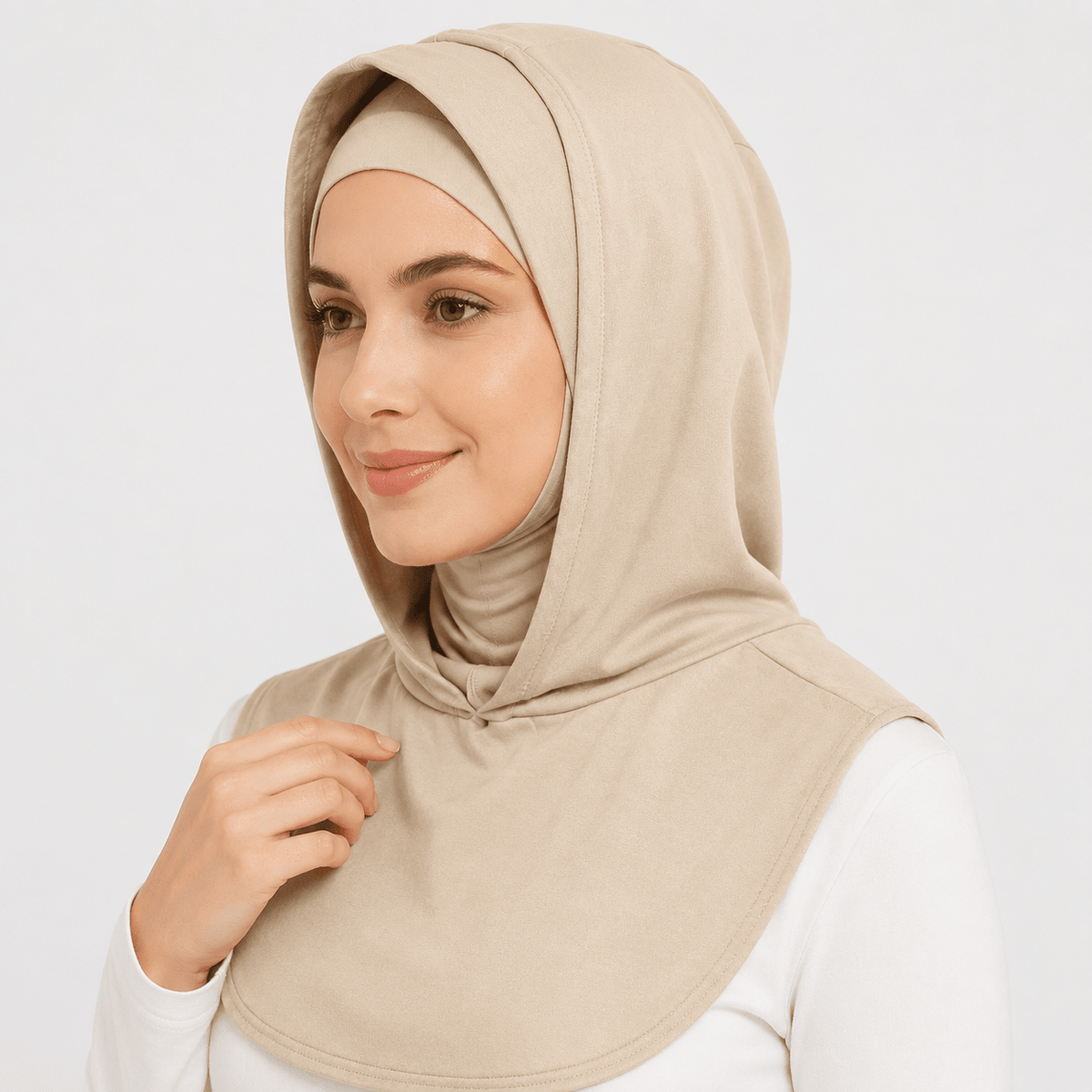 RY215 Beige Mercerized Cotton Full Coverage Hijab Cap – Modest Sun Protection Headscarf for Muslim Women - Raya