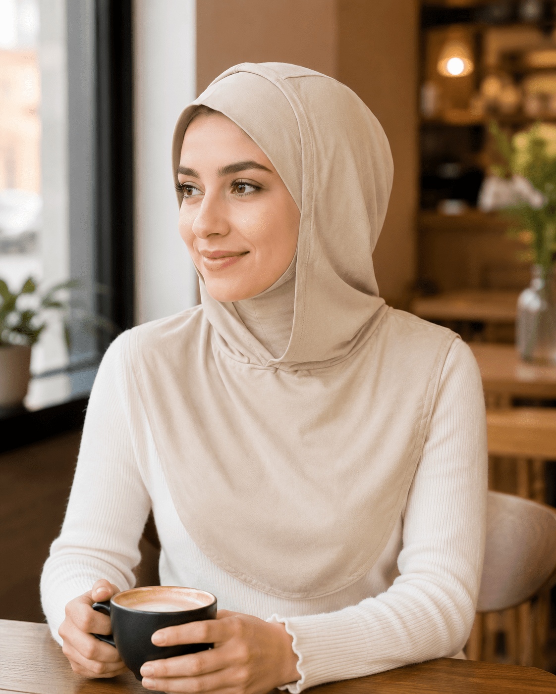RY215 Beige Mercerized Cotton Full Coverage Hijab Cap – Modest Sun Protection Headscarf for Muslim Women - Raya