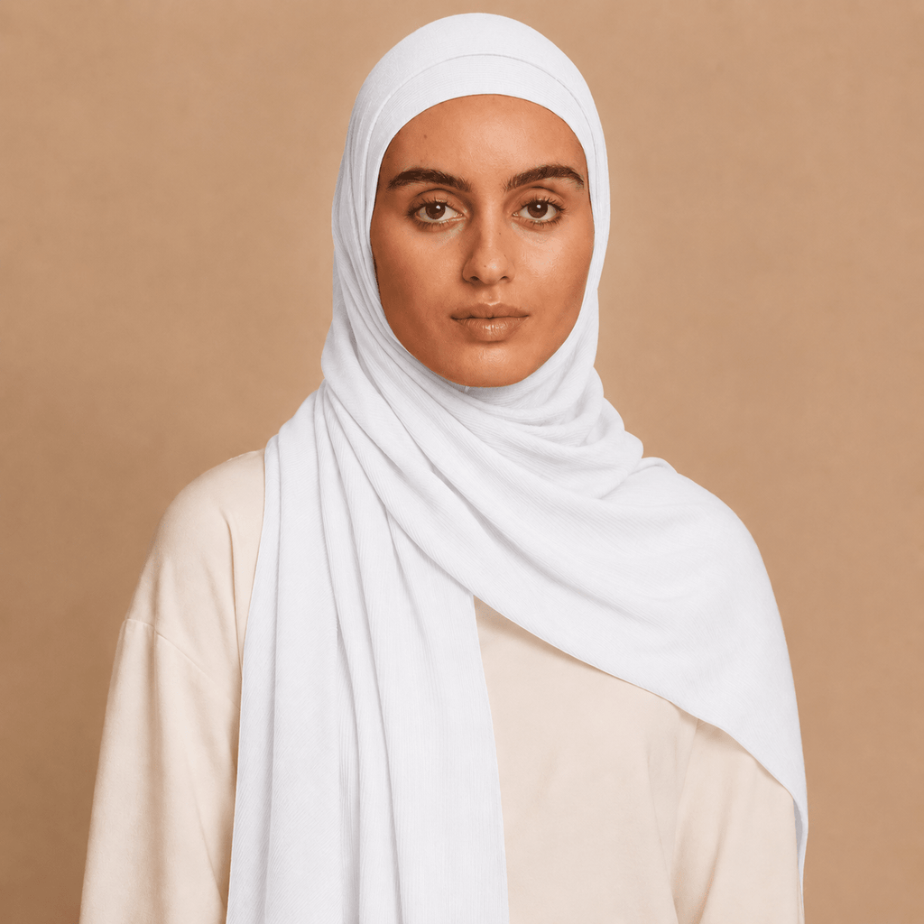 RY216 White Bamboo Jersey Ribbed Hijab Scarf – Soft Stretch Breathable Headscarf - Raya