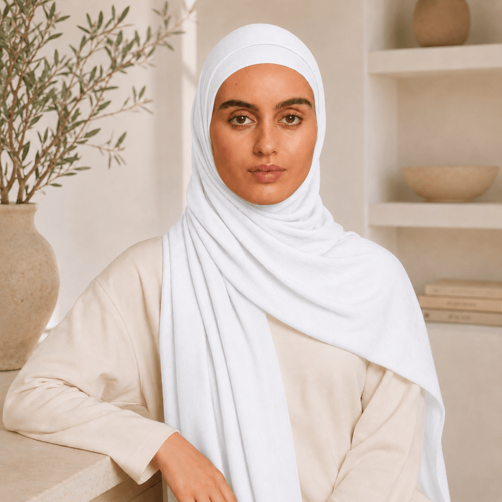 RY216 White Bamboo Jersey Ribbed Hijab Scarf – Soft Stretch Breathable Headscarf - Raya