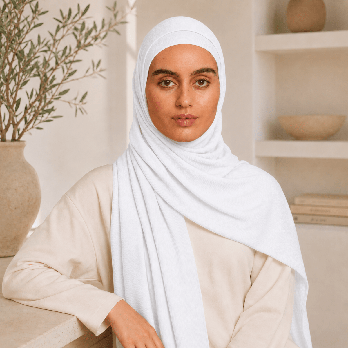 RY216 White Bamboo Jersey Ribbed Hijab Scarf – Soft Stretch Breathable Headscarf - Raya