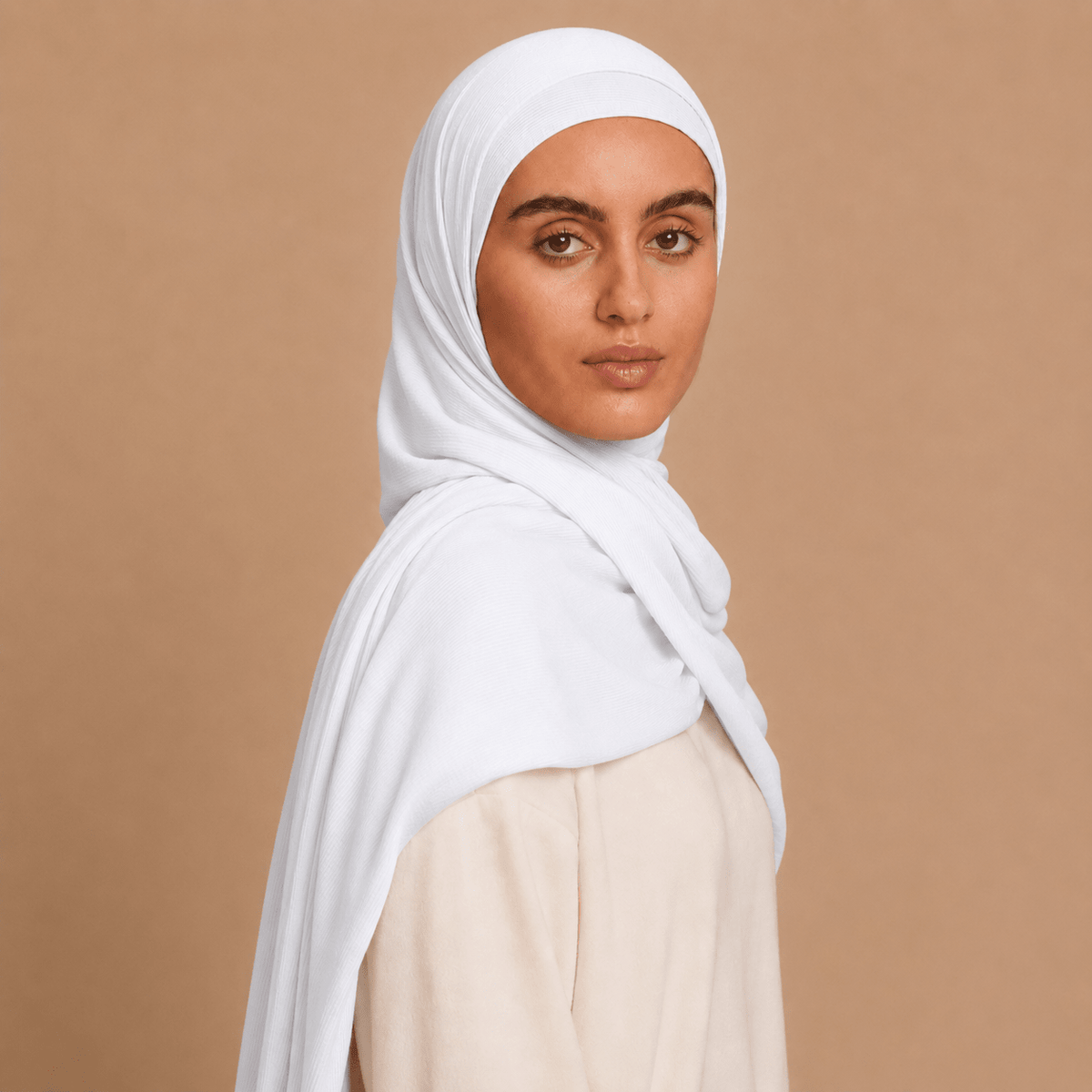 RY216 White Bamboo Jersey Ribbed Hijab Scarf – Soft Stretch Breathable Headscarf - Raya