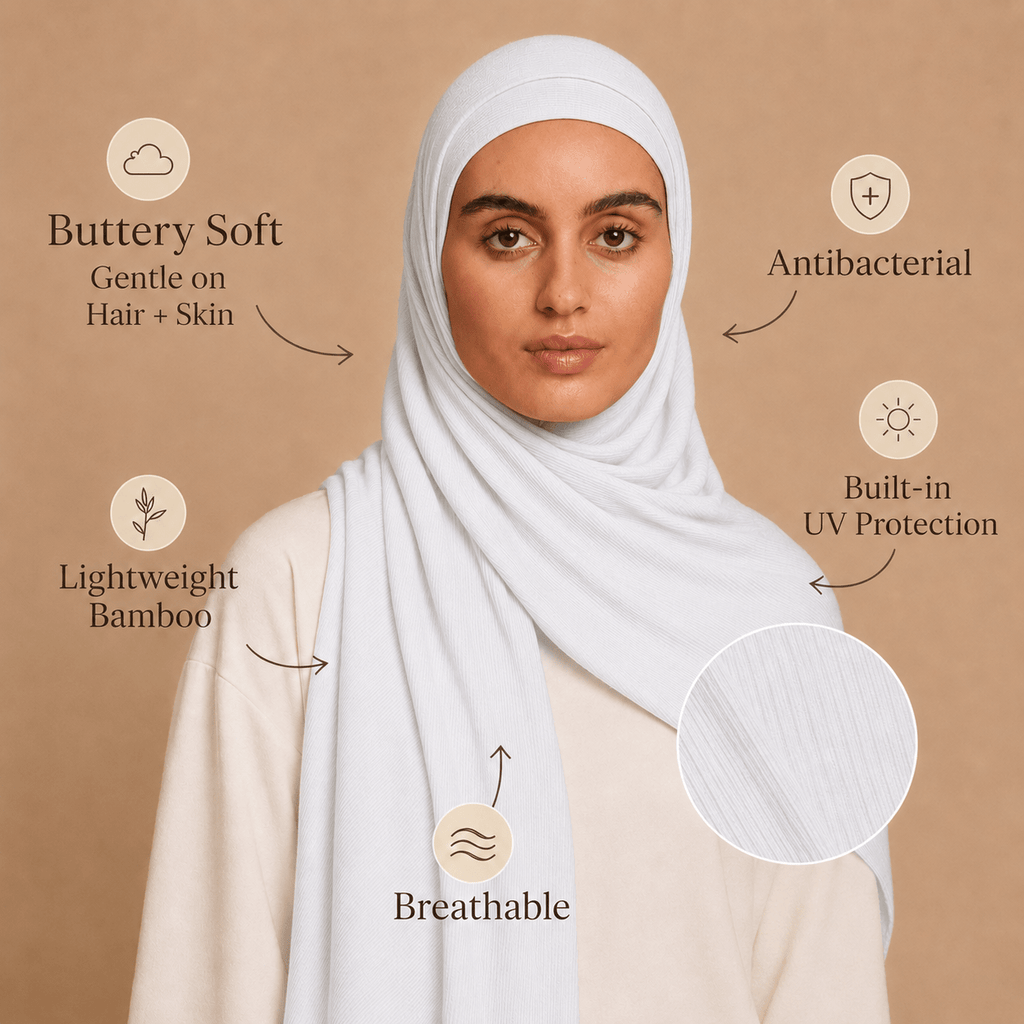 RY216 White Bamboo Jersey Ribbed Hijab Scarf – Soft Stretch Breathable Headscarf - Raya
