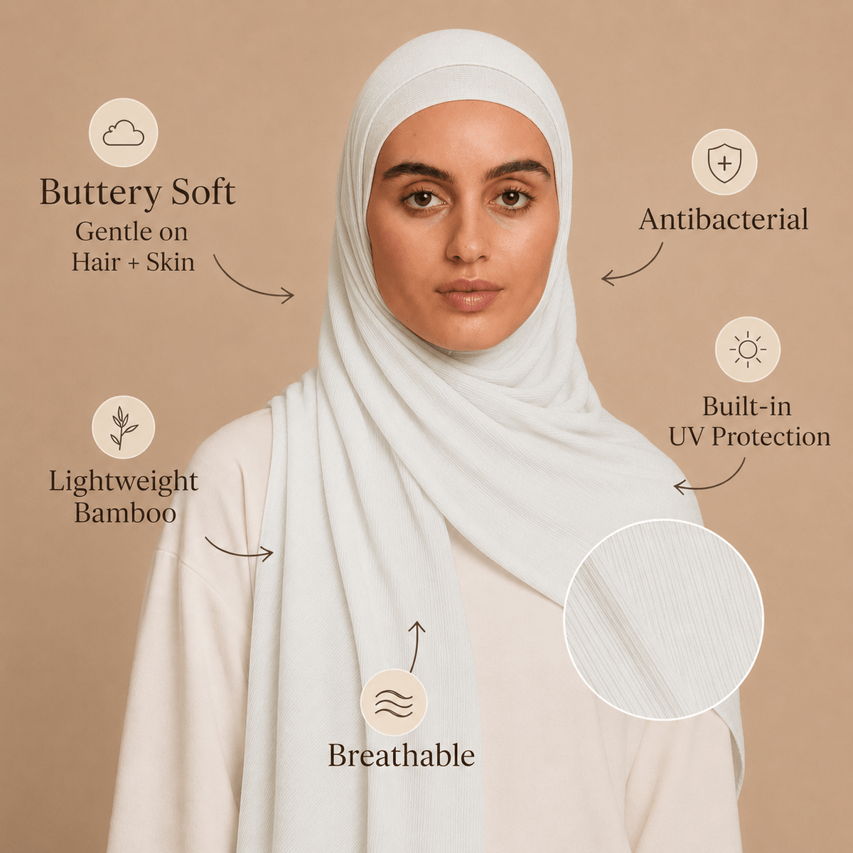 RY217 Ivory White Cotton Ribbed Jersey Hijab Scarf – Soft Stretch Breathable Headscarf - Raya