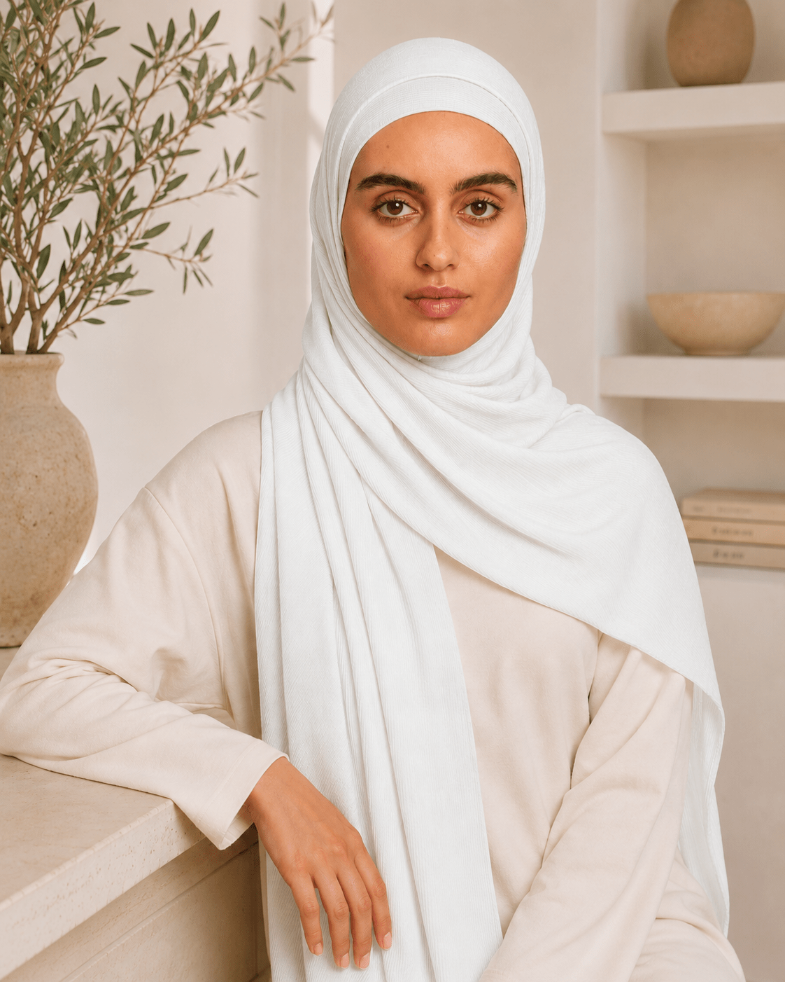 RY217 Ivory White Cotton Ribbed Jersey Hijab Scarf – Soft Stretch Breathable Headscarf - Raya