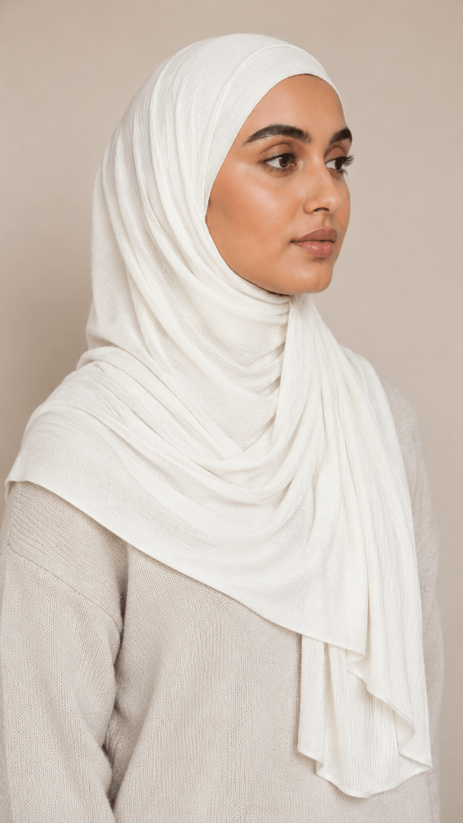 RY217 Ivory White Cotton Ribbed Jersey Hijab Scarf – Soft Stretch Breathable Headscarf - Raya