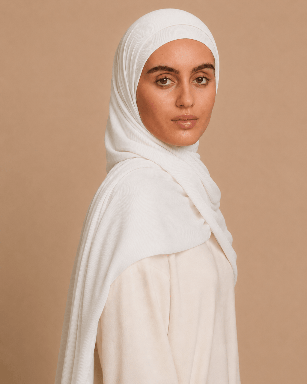 RY217 Ivory White Cotton Ribbed Jersey Hijab Scarf – Soft Stretch Breathable Headscarf - Raya