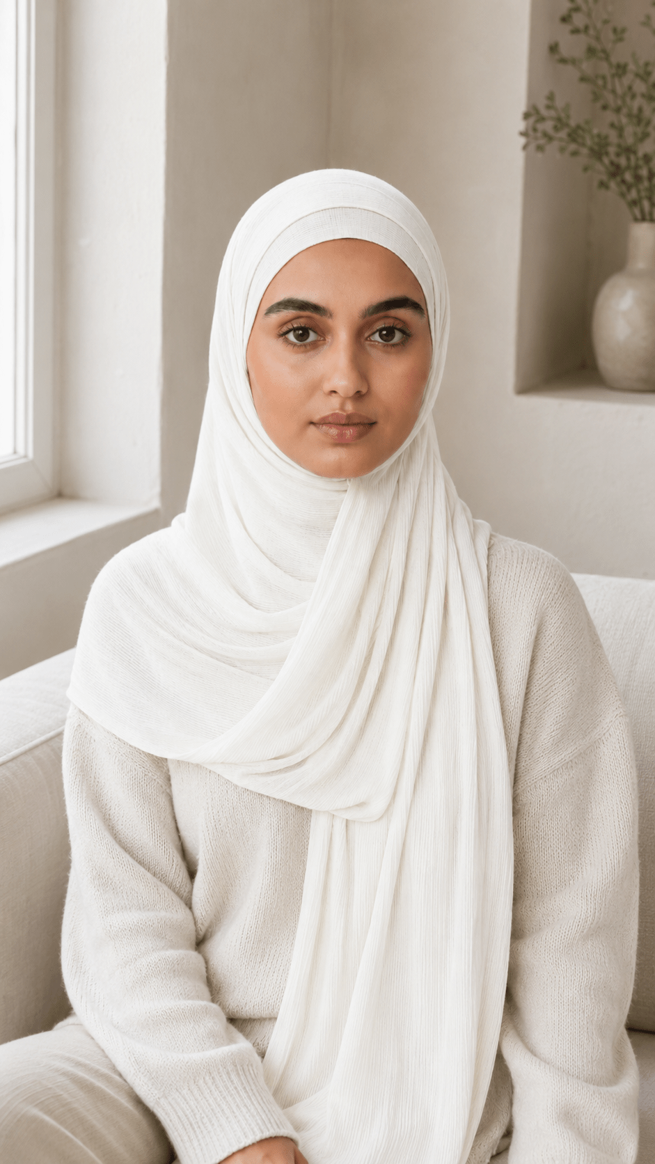 RY217 Ivory White Cotton Ribbed Jersey Hijab Scarf – Soft Stretch Breathable Headscarf - Raya