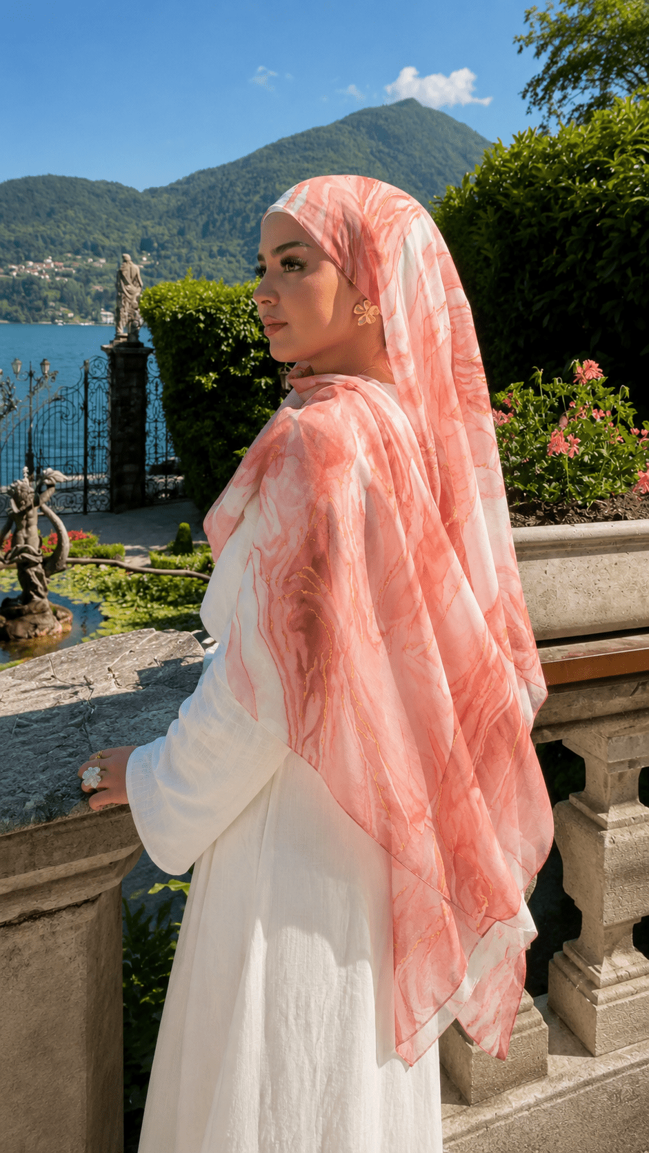 RY218 Coral Rose Marble Printed Liquid Jersey Hijab – Soft Premium Drape Scarf - Raya