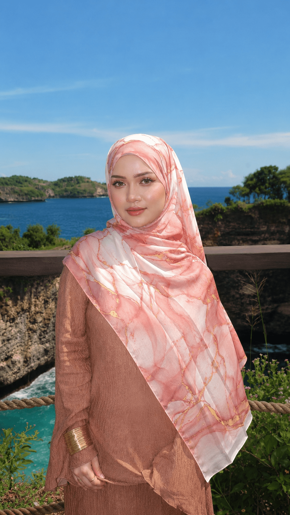 RY218 Coral Rose Marble Printed Liquid Jersey Hijab – Soft Premium Drape Scarf - Raya