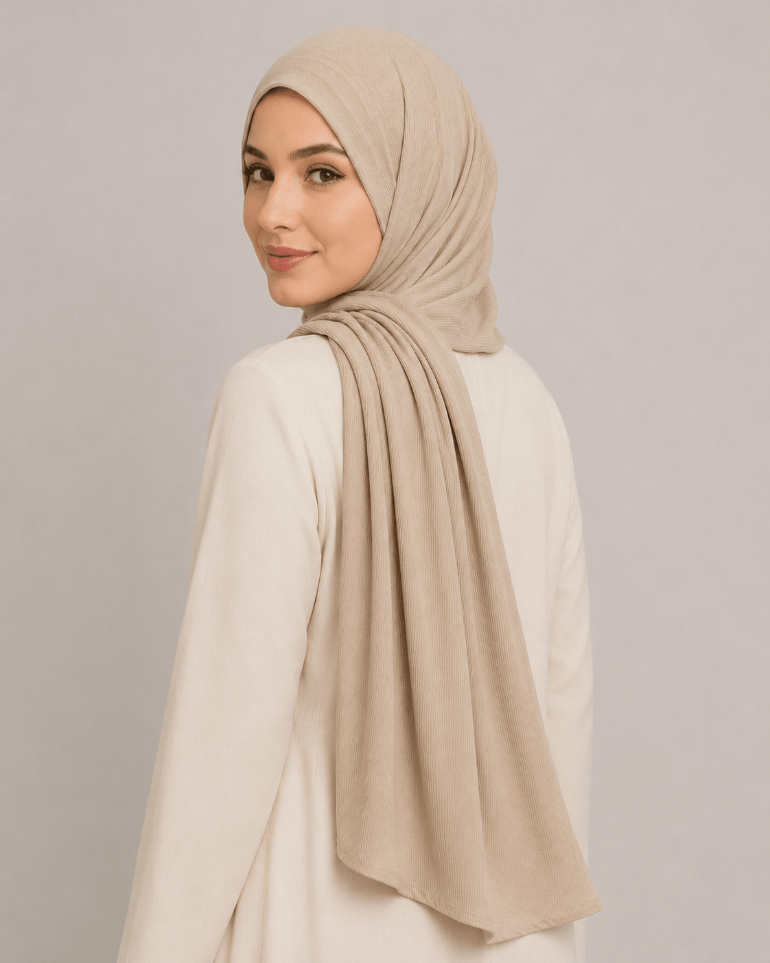 RY218 Taupe Beige Cotton Ribbed Jersey Hijab Scarf – Soft Stretch Breathable Headscarf - Raya