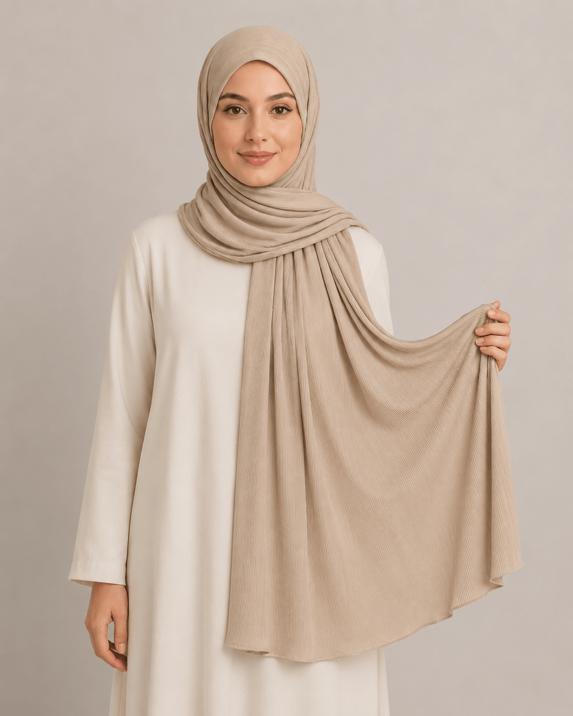 RY218 Taupe Beige Cotton Ribbed Jersey Hijab Scarf – Soft Stretch Breathable Headscarf - Raya