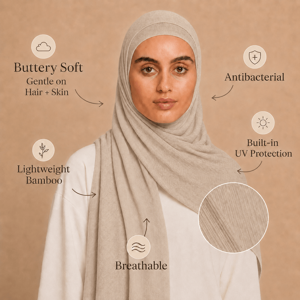 RY218 Taupe Beige Cotton Ribbed Jersey Hijab Scarf – Soft Stretch Breathable Headscarf - Raya