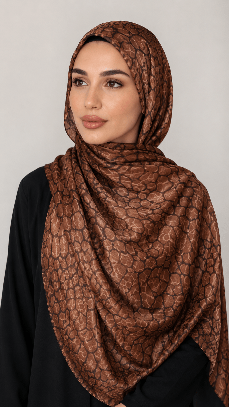 RY219 Mocha Brown Animal Print Liquid Jersey Hijab – Soft Premium Drape Scarf - Raya