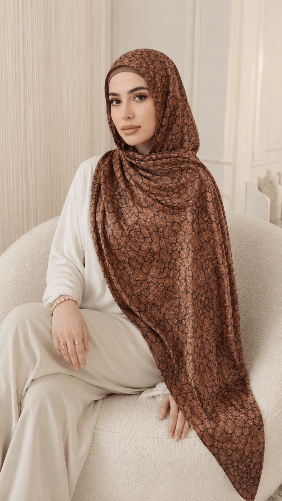 RY219 Mocha Brown Animal Print Liquid Jersey Hijab – Soft Premium Drape Scarf - Raya