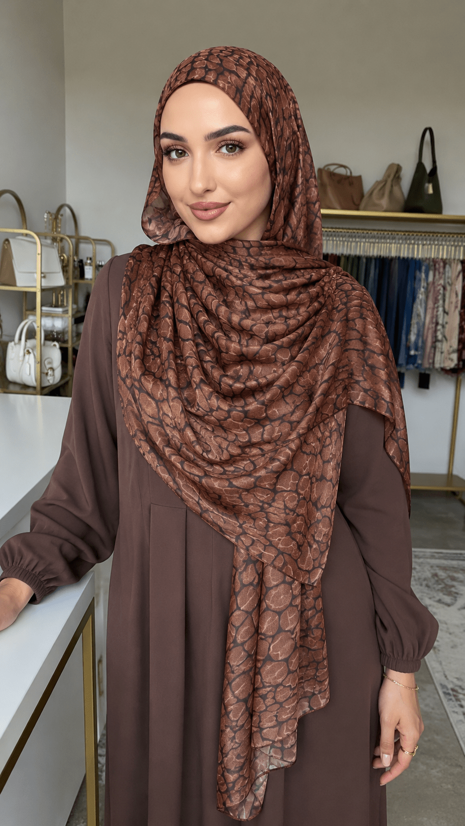 RY219 Mocha Brown Animal Print Liquid Jersey Hijab – Soft Premium Drape Scarf - Raya