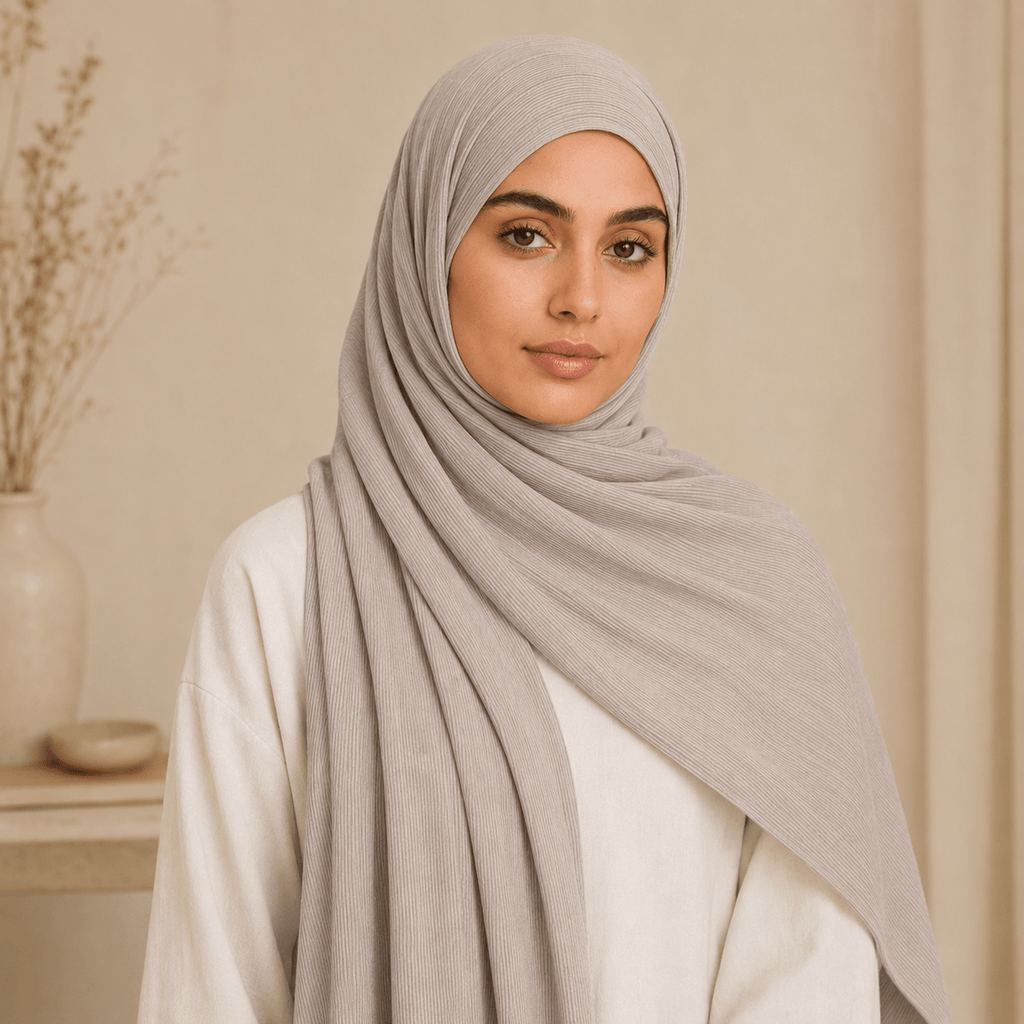 RY219 Stone Grey Cotton Ribbed Jersey Hijab Scarf – Soft Stretch Breathable Headscarf - Raya