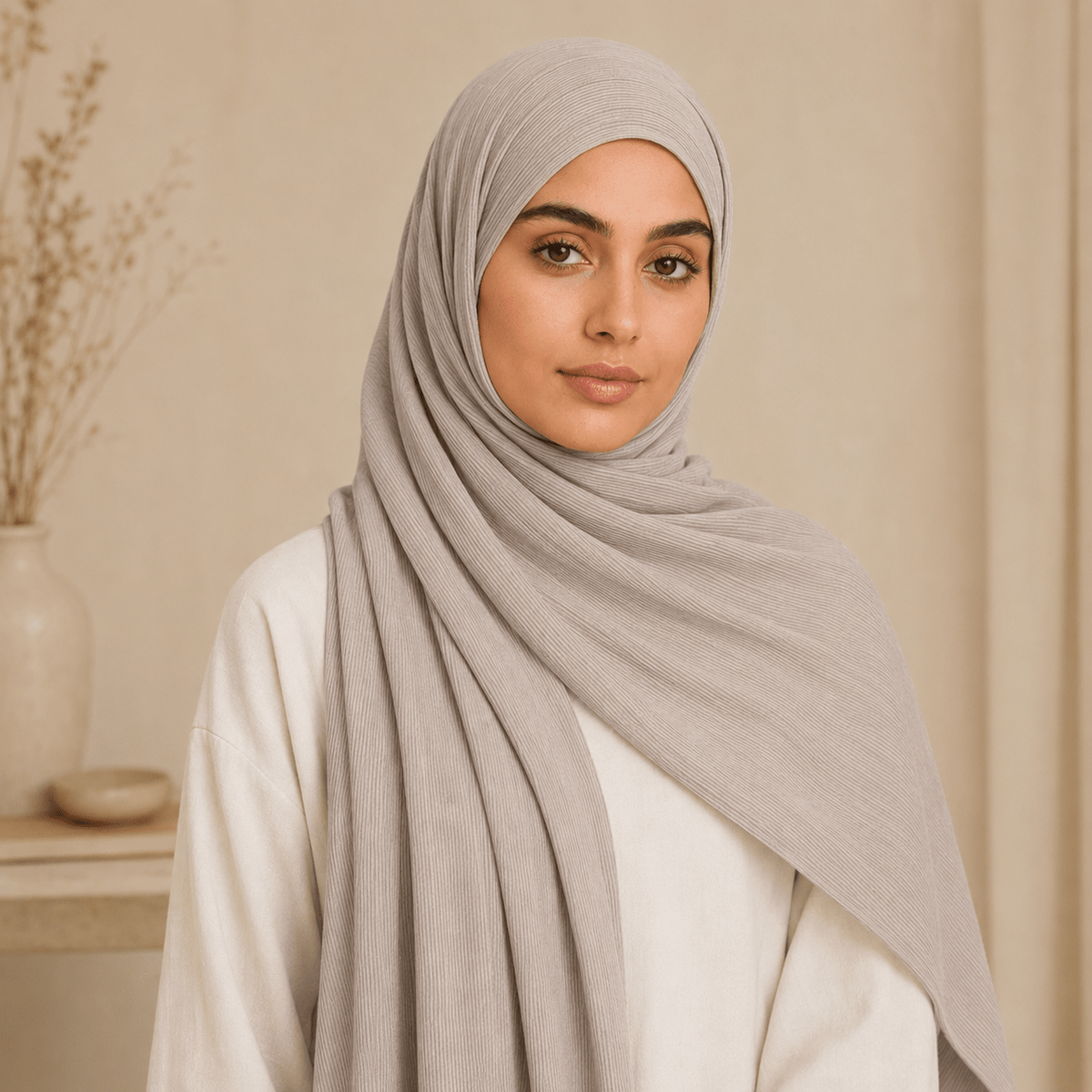RY219 Stone Grey Cotton Ribbed Jersey Hijab Scarf – Soft Stretch Breathable Headscarf - Raya