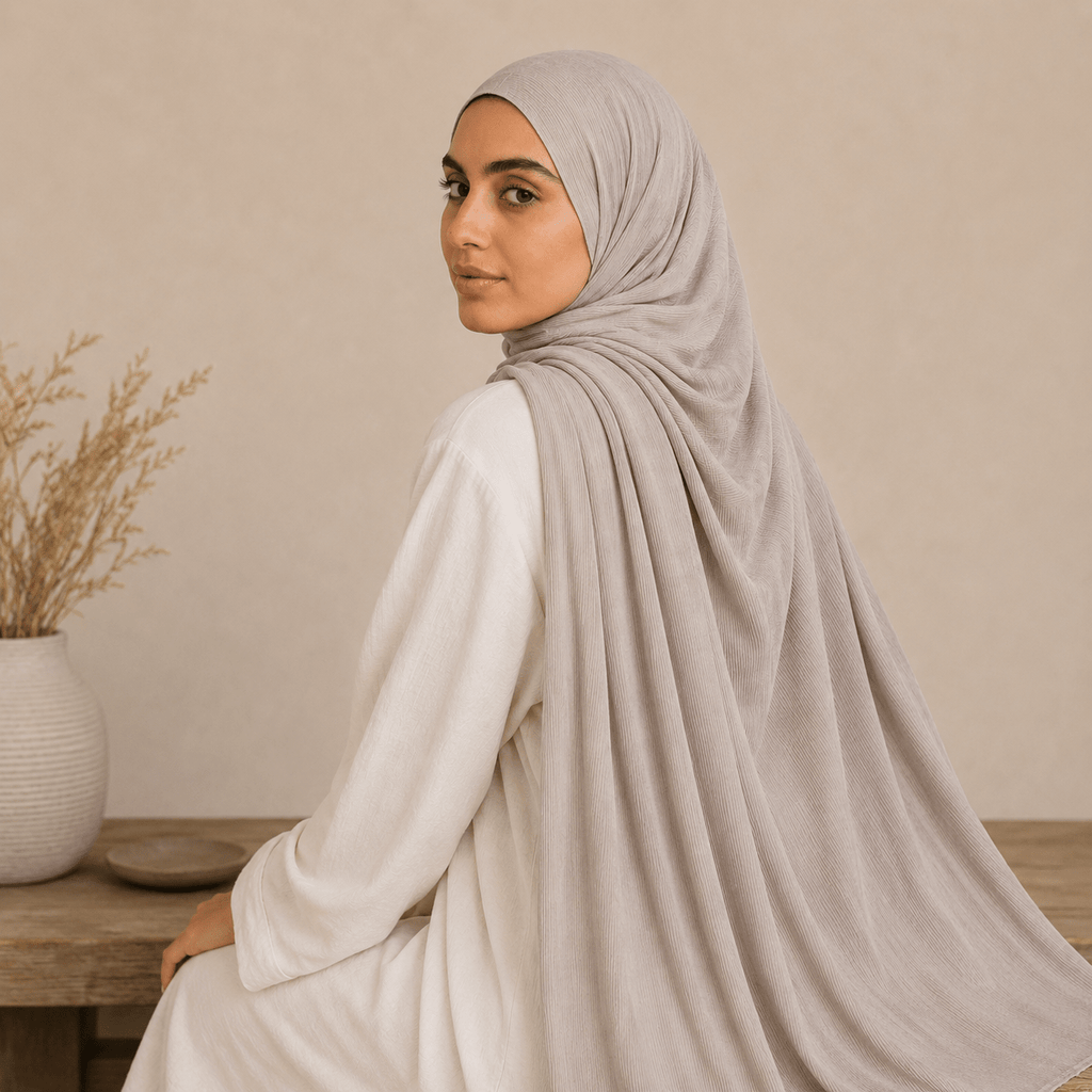 RY219 Stone Grey Cotton Ribbed Jersey Hijab Scarf – Soft Stretch Breathable Headscarf - Raya