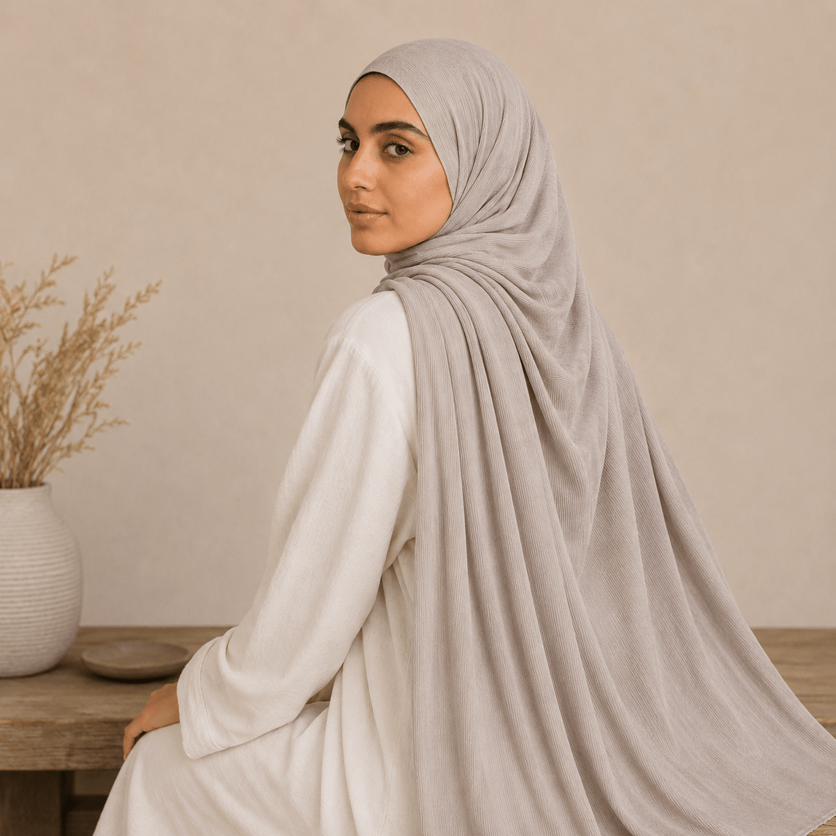 RY219 Stone Grey Cotton Ribbed Jersey Hijab Scarf – Soft Stretch Breathable Headscarf - Raya