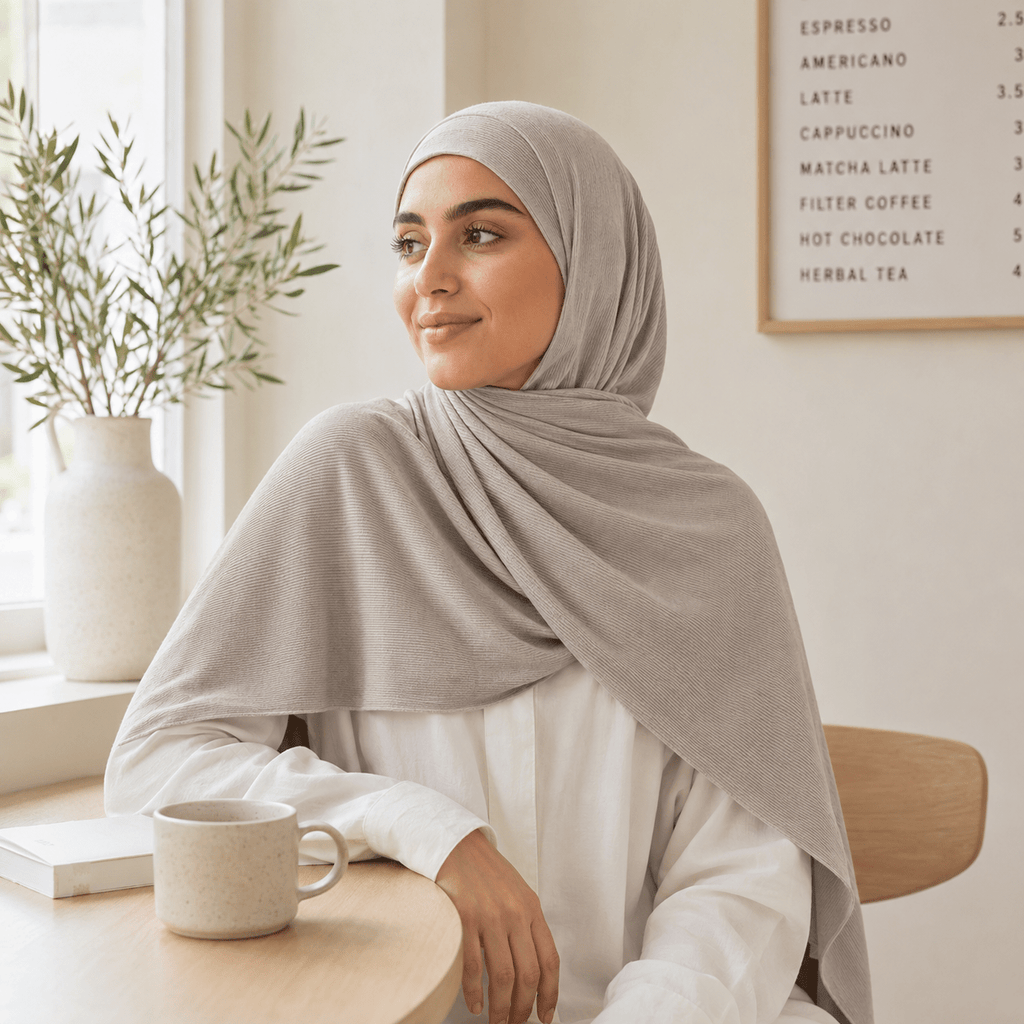 RY219 Stone Grey Cotton Ribbed Jersey Hijab Scarf – Soft Stretch Breathable Headscarf - Raya