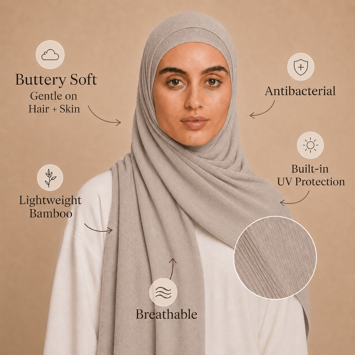 RY219 Stone Grey Cotton Ribbed Jersey Hijab Scarf – Soft Stretch Breathable Headscarf - Raya
